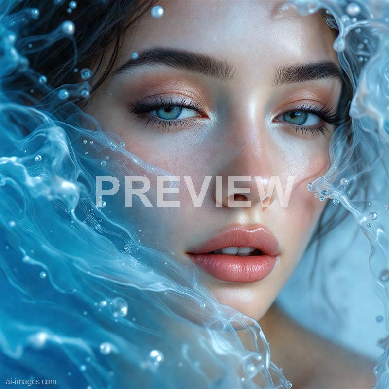 A close-up of a young woman's face, highlighting her striking blue eyes, well-defined eyebrows, and smooth, glowing skin. She is surrounded by swirling, translucent blue water or gel-like substance with small bubbles, creating an ethereal, almost surreal atmosphere. Her lips are slightly parted, and her makeup is subtle with a focus on her eyes and natural beauty.